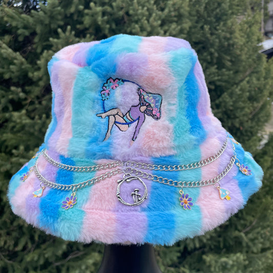 Blue, Purple, and Pink Striped - Fuzzy Bucket Hat