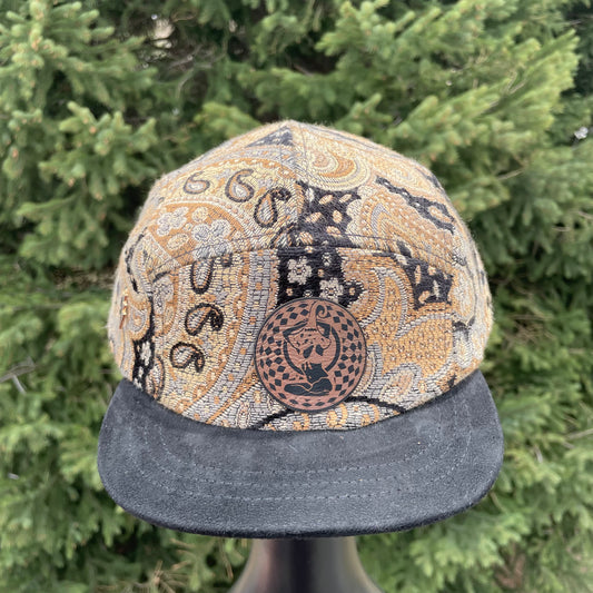 Black and Gold Paisley - 5 Panel Hat - Short Brim